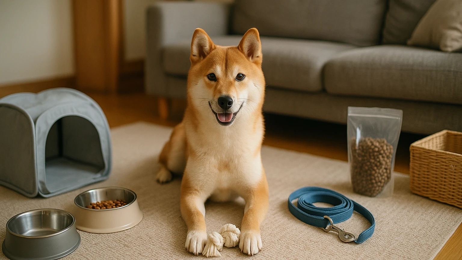 わたわたのペットショップ柴犬の基礎と活用ポイントに合わせたアイキャッチ。柴犬とペット用品の利用シーンを表現。 要点：「わたわたのペットショップ」で柴犬を迎えたい