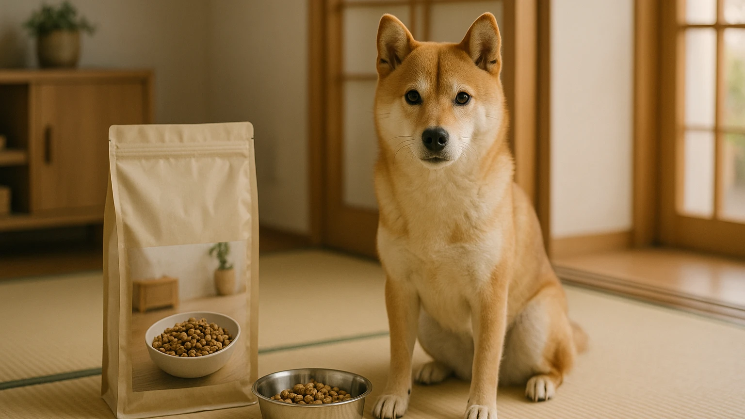 カインズのペットフード柴犬の基礎と活用ポイントに合わせたアイキャッチ。柴犬とペットフードの利用シーンを表現。 要点：カインズのペットフードで柴犬を健康に育てるに
