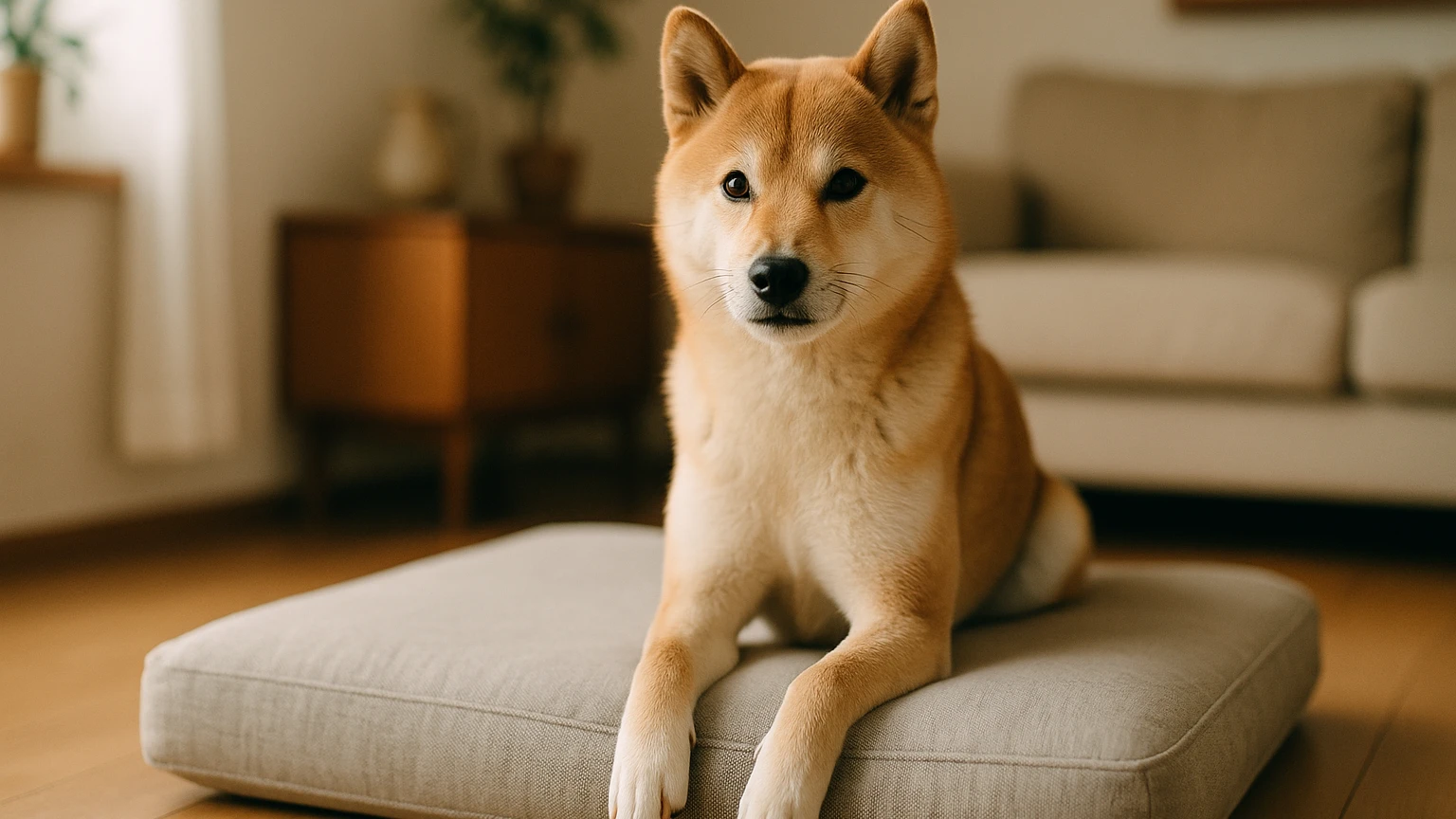 柴犬のベッドの咳治し方の基礎と活用ポイントに合わせたアイキャッチ。柴犬とベッド・マットの利用シーンを表現。 要点：柴犬がベッドで咳をする原因は、単なるホコリから