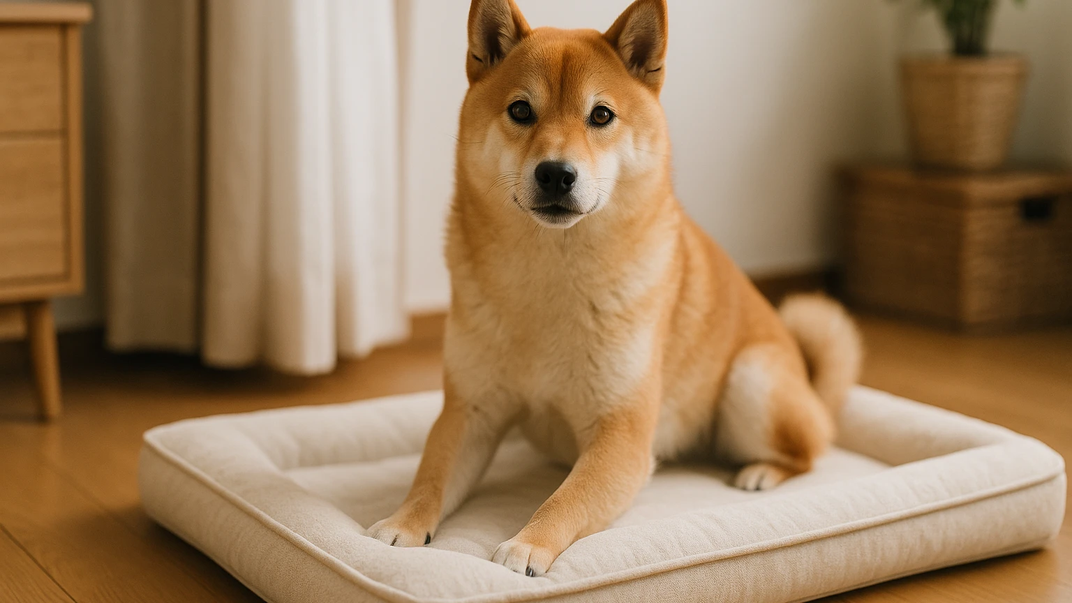 柴犬のベッドの便秘対策の基礎と活用ポイントに合わせたアイキャッチ。柴犬とベッド・マットの利用シーンを表現。 要点：柴犬の便秘対策では、ベッド環境づくりと生活リズ