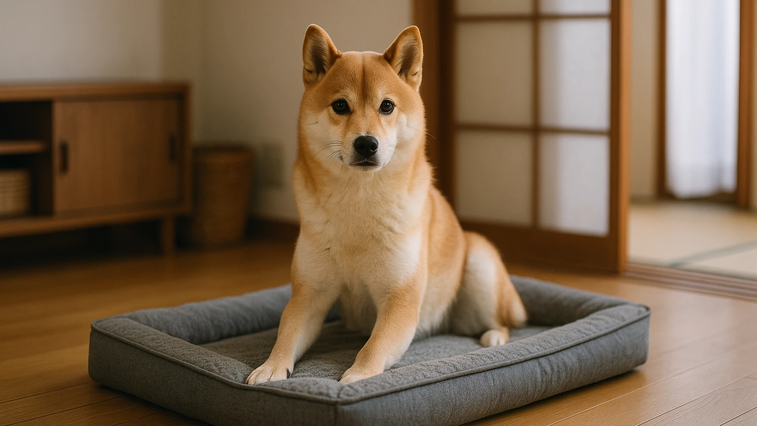 柴犬のベッドの定期購入治し方の基礎と活用ポイントに合わせたアイキャッチ。柴犬とベッド・マットの利用シーンを表現。 要点：ここでは「柴犬のベッドを定期購入している