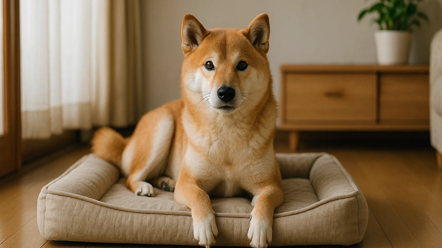 柴犬のベッドのコスパ治し方の基礎と活用ポイントに合わせたアイキャッチ。柴犬とベッド・マットの利用シーンを表現。 要点：柴犬のベッドの「コスパの悪さ」を治すには