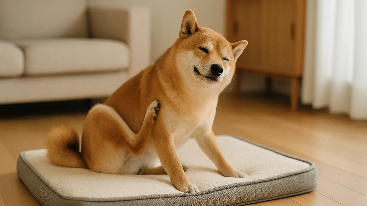 柴犬のベッドのかゆい原因の基礎と活用ポイントに合わせたアイキャッチ。柴犬とベッド・マットの利用シーンを表現。 要点：柴犬がベッドでかゆがる原因は、皮膚トラブルと