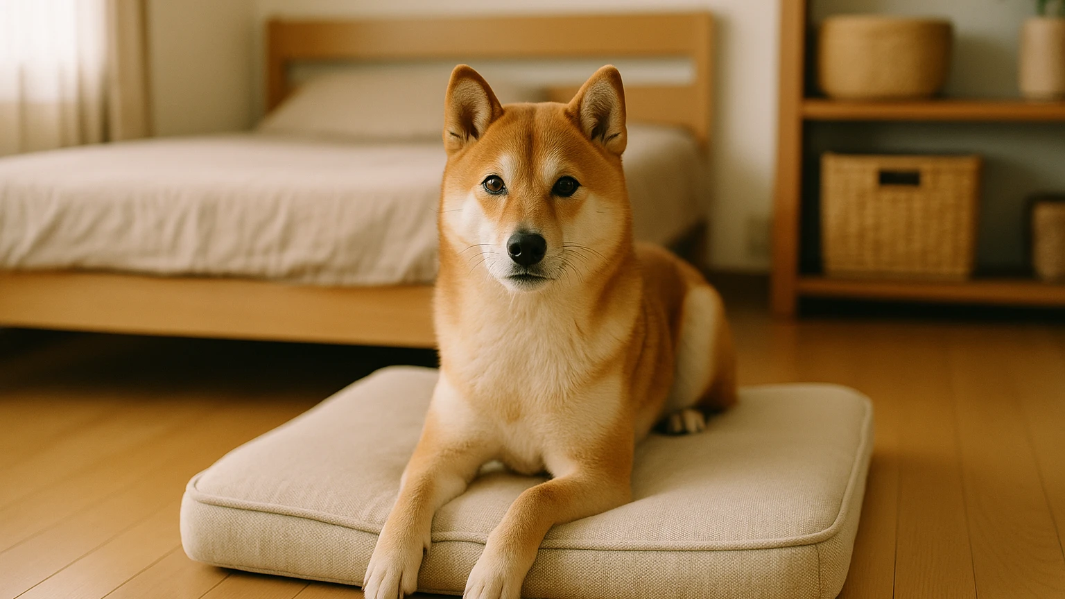 柴犬のベッドの夜泣きおすすめの基礎と活用ポイントに合わせたアイキャッチ。柴犬とベッド・マットの利用シーンを表現。 要点：柴犬の夜泣きは「ベッド選び」と「環境づく