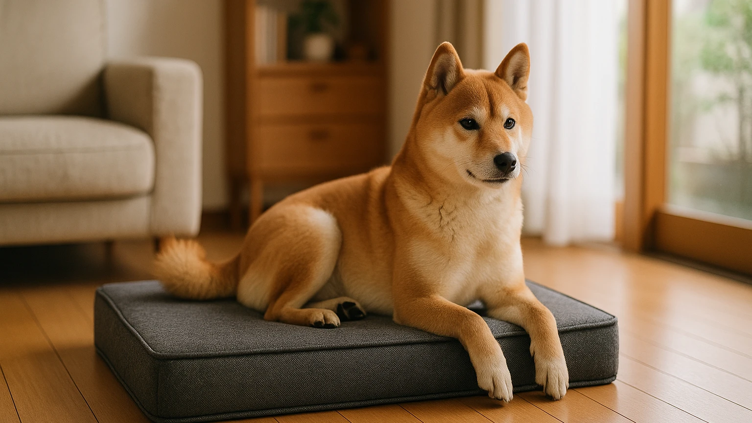 柴犬のベッドの関節痛対策の基礎と活用ポイントに合わせたアイキャッチ。柴犬とベッド・マットの利用シーンを表現。 要点：柴犬のベッド選びは、関節痛の予防と悪化防止に
