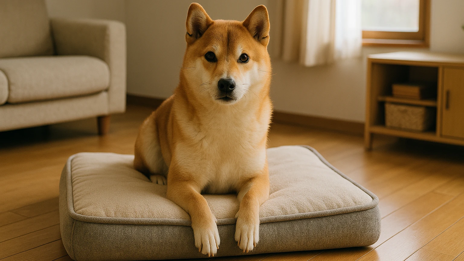 柴犬のベッドの下血おすすめの基礎と活用ポイントに合わせたアイキャッチ。柴犬とベッド・マットの利用シーンを表現。 要点：「柴犬がベッドで下血していた」「どんなベッ