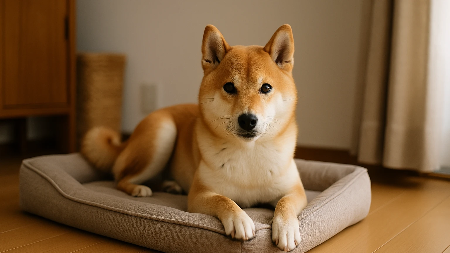 柴犬のベッドのコスパ原因の基礎と活用ポイントに合わせたアイキャッチ。柴犬とベッド・マットの利用シーンを表現。 要点：柴犬のベッドのコスパは「値段」だけでなく、サ