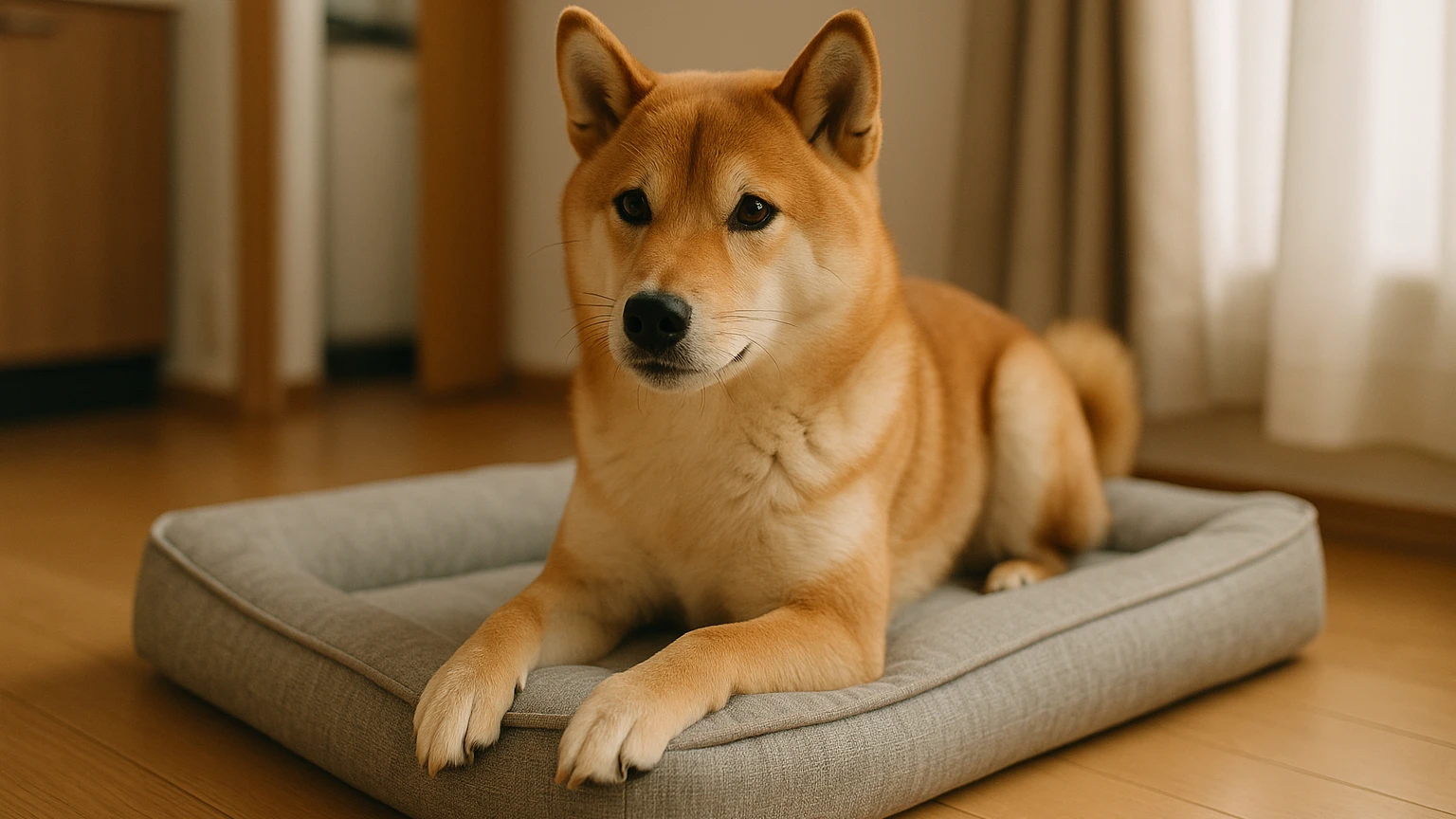 柴犬のベッドの噛みつく治し方の基礎と活用ポイントに合わせたアイキャッチ。柴犬とベッド・マットの利用シーンを表現。 要点：柴犬がベッドを噛みつくのは「悪い子だから