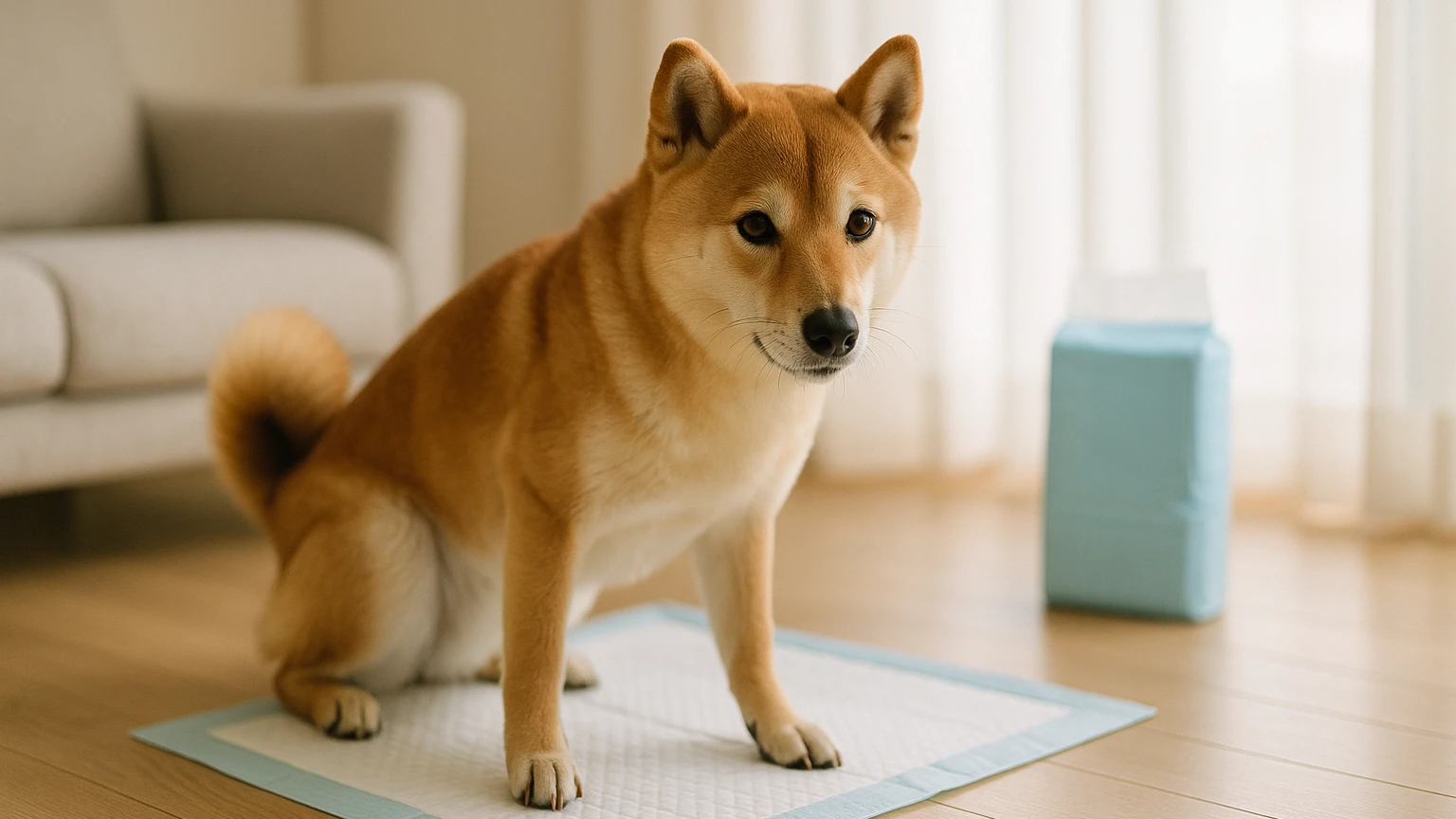 柴犬のベッドのトイレ失敗治し方の基礎と活用ポイントに合わせたアイキャッチ。柴犬とトイレシートの利用シーンを表現。 要点：柴犬がベッドでトイレ失敗をしてしまうのは
