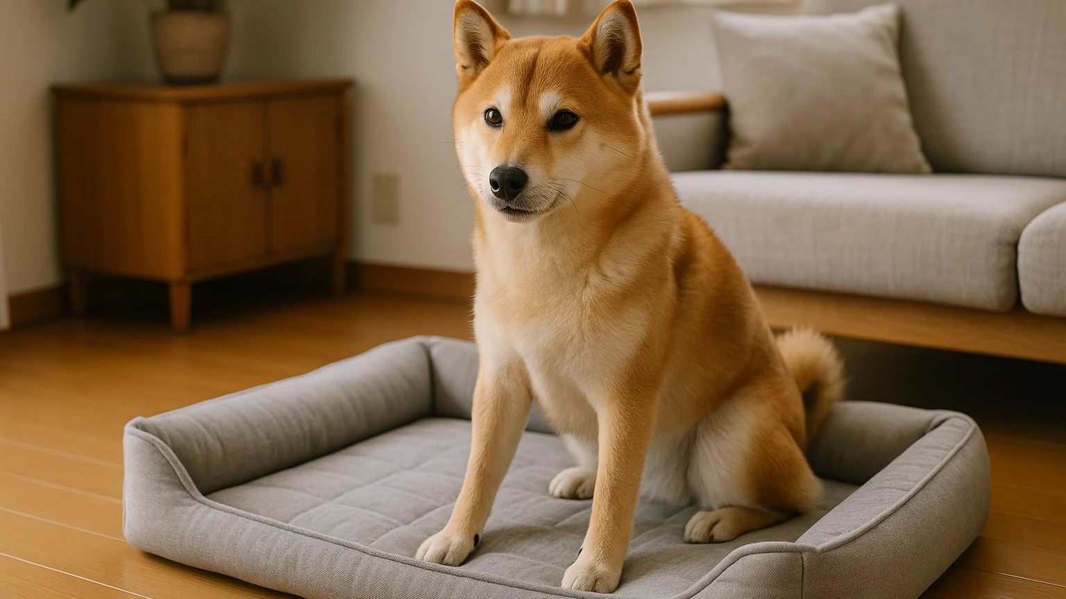 柴犬のベッドの関節痛治し方の基礎と活用ポイントに合わせたアイキャッチ。柴犬とベッド・マットの利用シーンを表現。 要点：柴犬のベッド選びと生活環境を整えることで