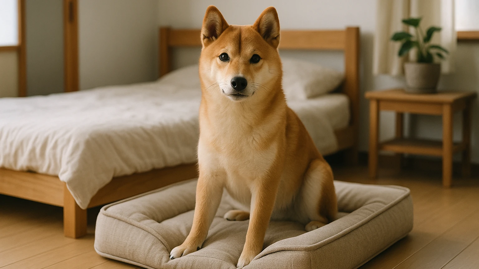 柴犬のベッドの公式原因の基礎と活用ポイントに合わせたアイキャッチ。柴犬とベッド・マットの利用シーンを表現。 要点：柴犬のベッド選びで「公式」「原因」と言われるポ