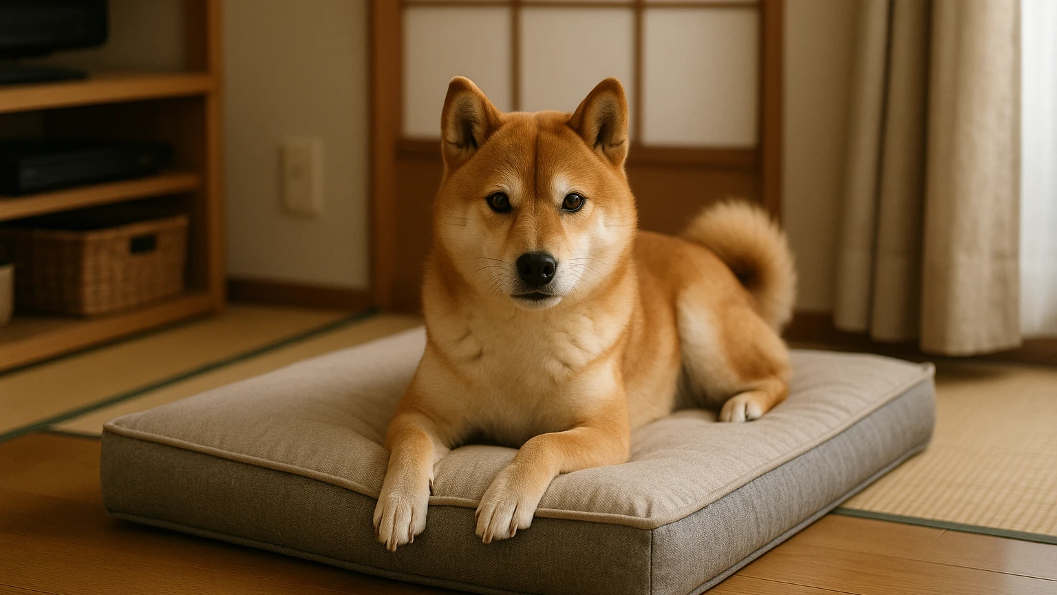 柴犬のベッドの関節痛原因の基礎と活用ポイントに合わせたアイキャッチ。柴犬とベッド・マットの利用シーンを表現。 要点：柴犬の関節痛は、ベッド選びや生活環境と深く関