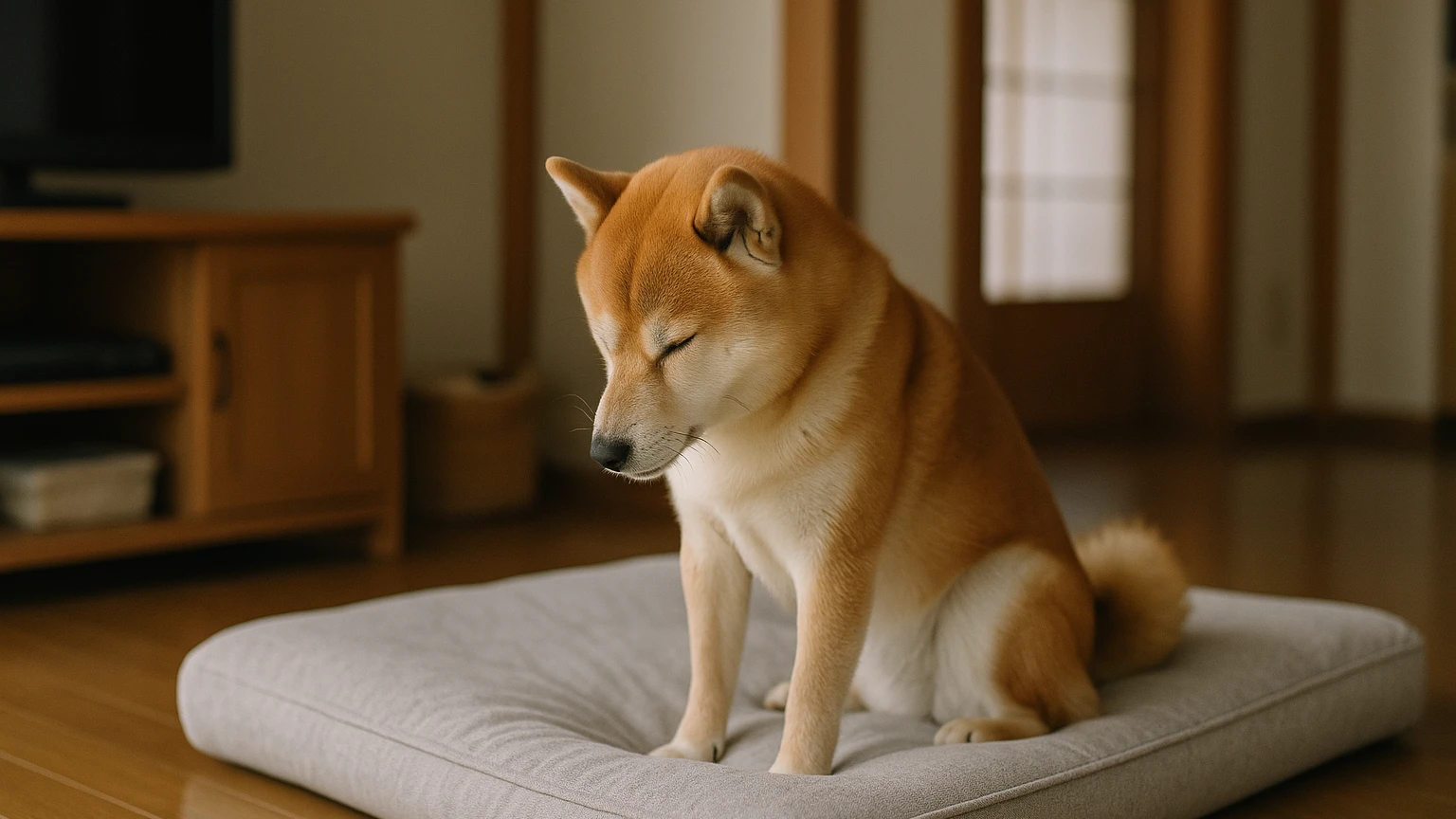 柴犬のベッドの咳おすすめの基礎と活用ポイントに合わせたアイキャッチ。柴犬とベッド・マットの利用シーンを表現。 要点：柴犬がベッドで咳をしているとき、「ベッドが合
