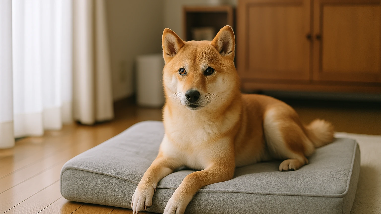 柴犬のベッドのコスパ対策の基礎と活用ポイントに合わせたアイキャッチ。柴犬とベッド・マットの利用シーンを表現。 要点：柴犬のベッドのコスパ対策は「安さ優先」ではな