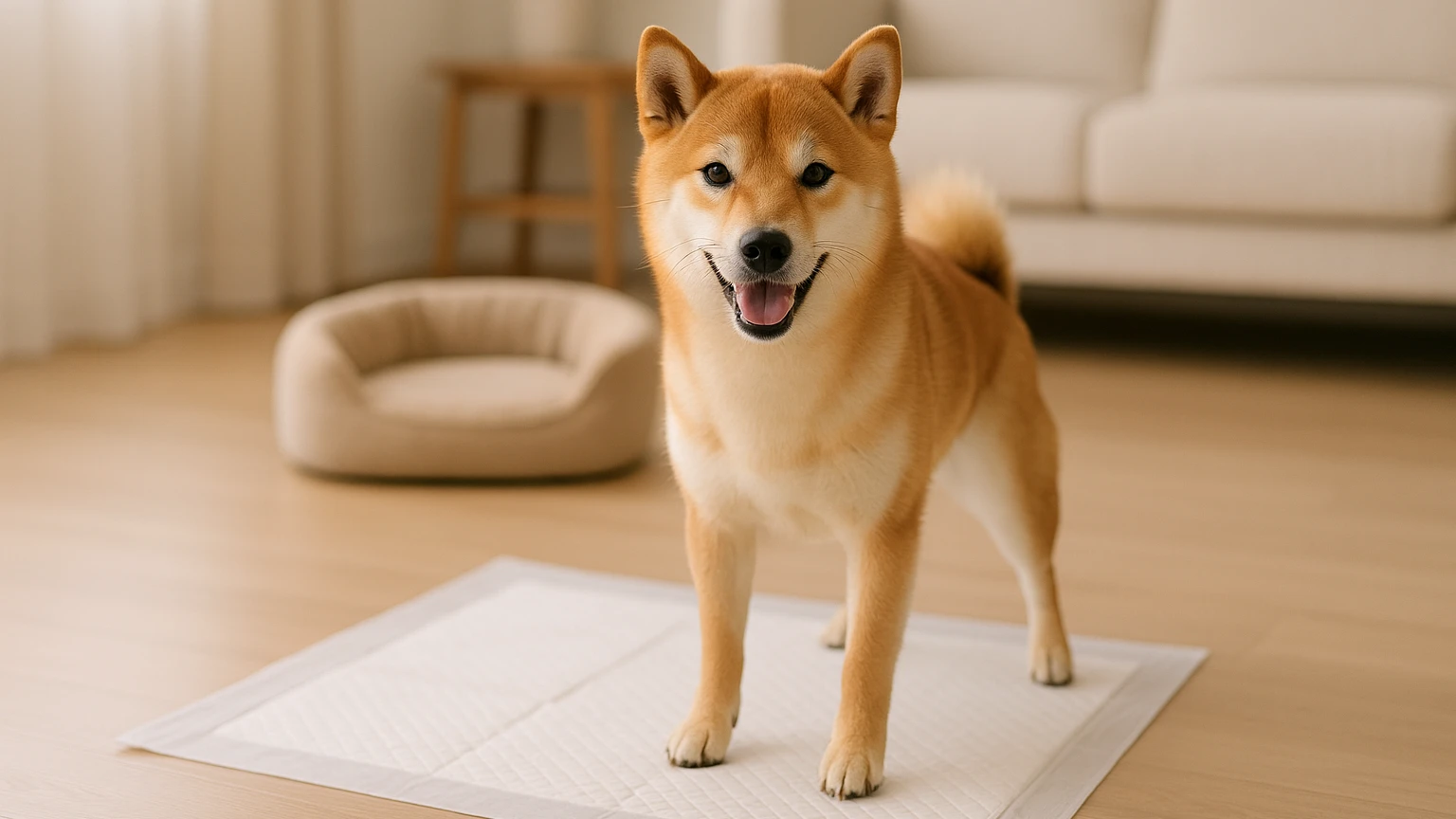 柴犬のベッドのトイレ失敗原因の基礎と活用ポイントに合わせたアイキャッチ。柴犬とトイレシートの利用シーンを表現。 要点：柴犬がベッドでトイレを失敗するのは「わがま