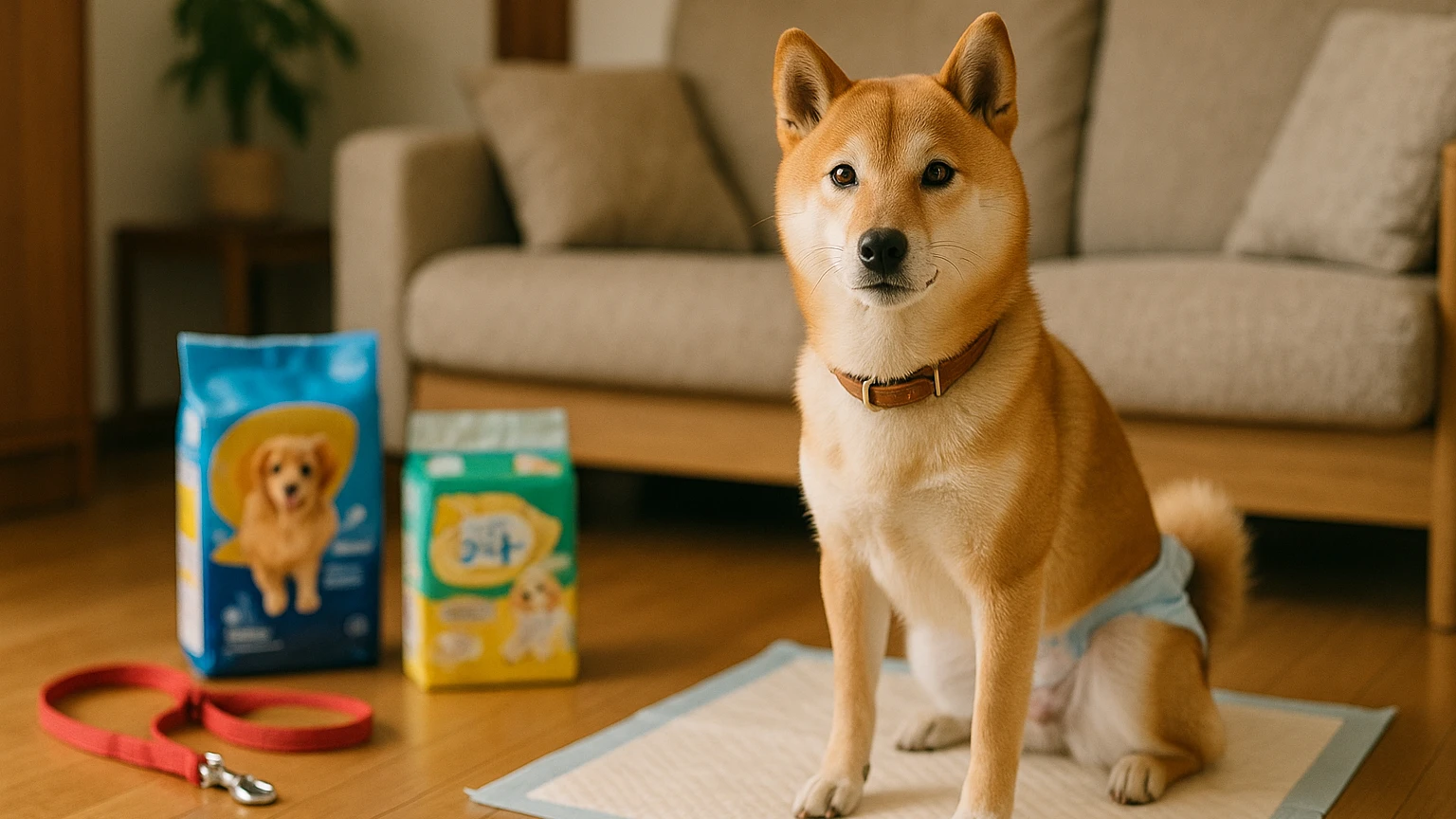 ユニチャームのペット商品柴犬の基礎と活用ポイントに合わせたアイキャッチ。柴犬とペット用品の利用シーンを表現。 要点：ユニチャームのペット商品は、柴犬の健康と暮ら