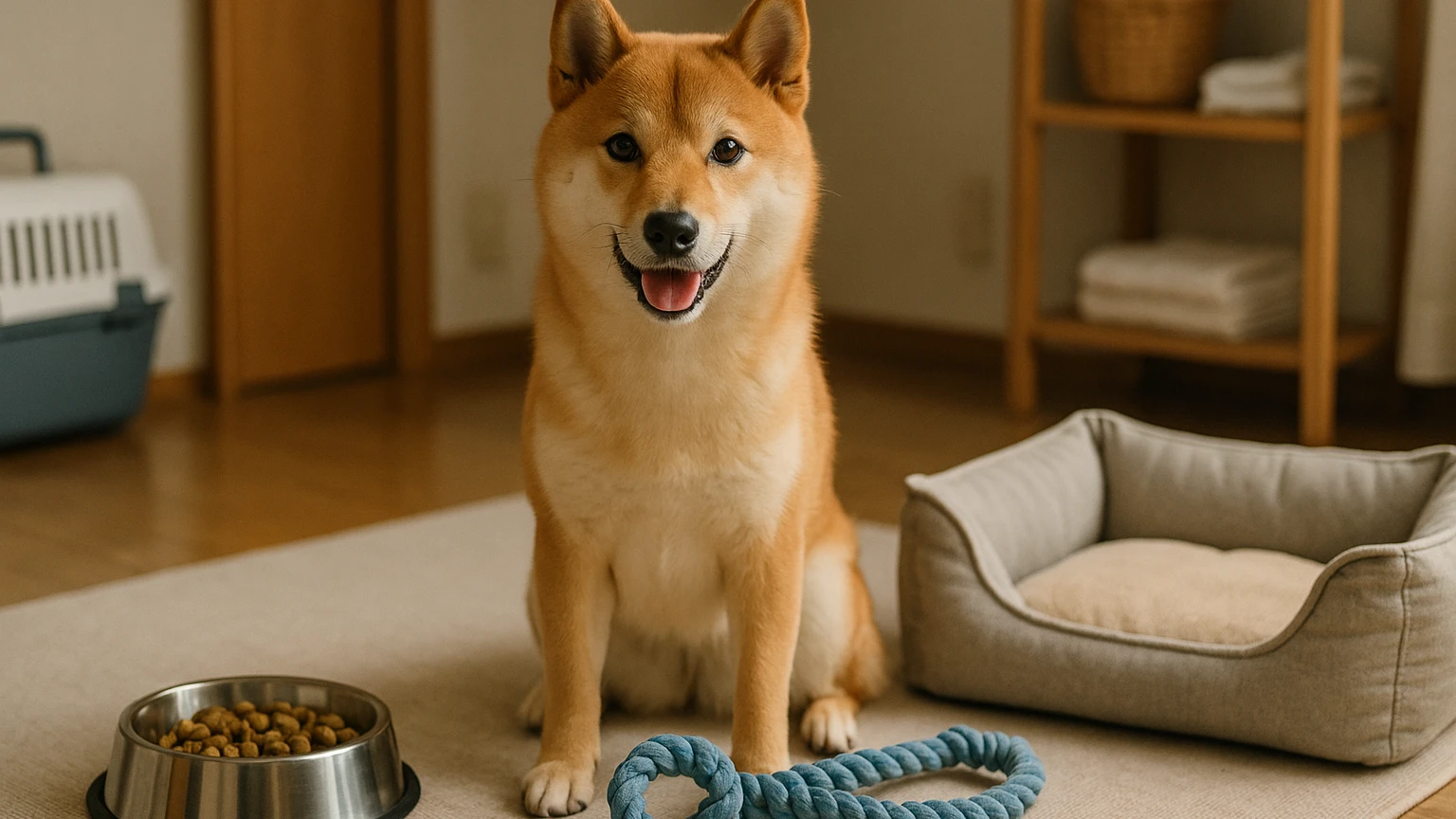 ペイントのペット柴犬編の基礎と活用ポイントに合わせたアイキャッチ。柴犬とペット用品の利用シーンを表現。 要点：「ペイント ペット柴犬 編」は、愛犬の写真やイラス