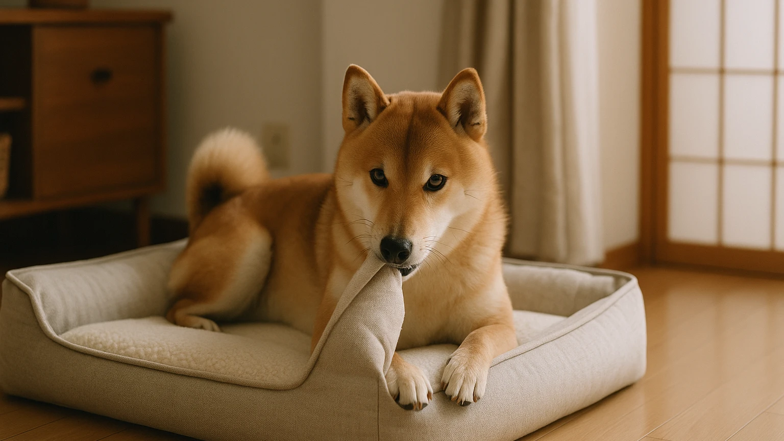 柴犬のベッドの噛みつく原因の基礎と活用ポイントに合わせたアイキャッチ。柴犬とベッド・マットの利用シーンを表現。 要点：柴犬がベッドを噛みつくのは「問題行動」だけ