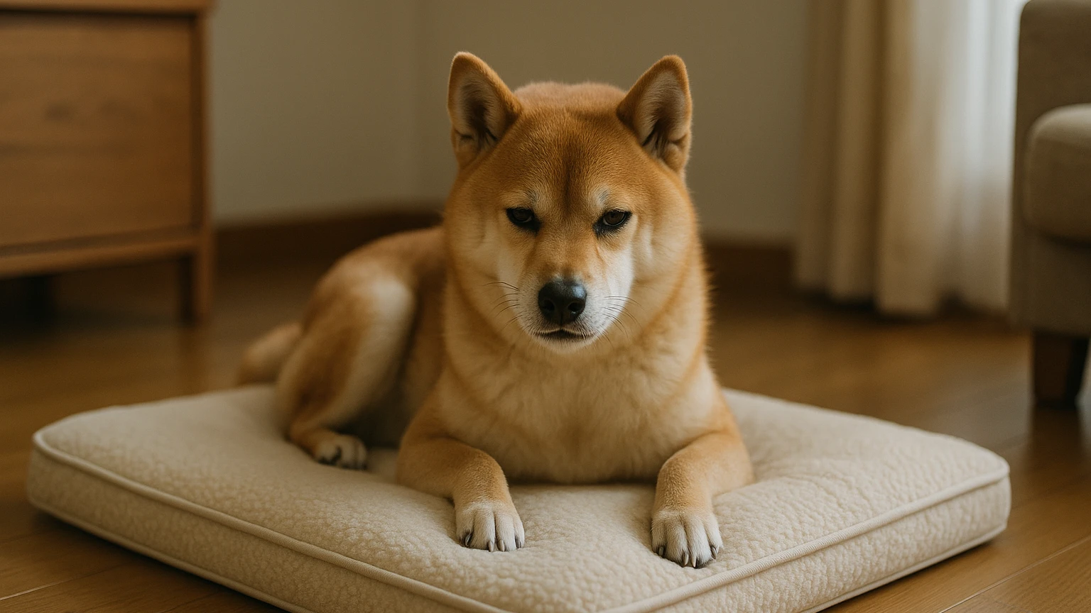 柴犬のベッドの便秘原因の基礎と活用ポイントに合わせたアイキャッチ。柴犬とベッド・マットの利用シーンを表現。 要点：柴犬がベッドの上で便秘気味に見えるとき、多くは