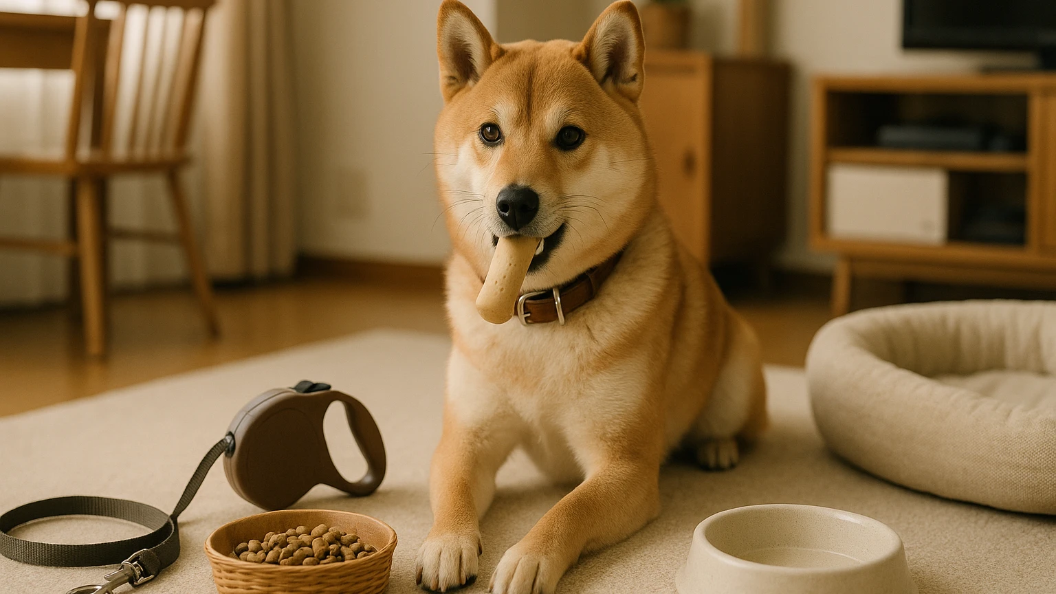 柴犬のしつけテクニックの基礎と活用ポイントに合わせたアイキャッチ。柴犬とペット用品の利用シーンを表現。 要点：柴犬のしつけは「性格を理解し、ルールを一貫して教え