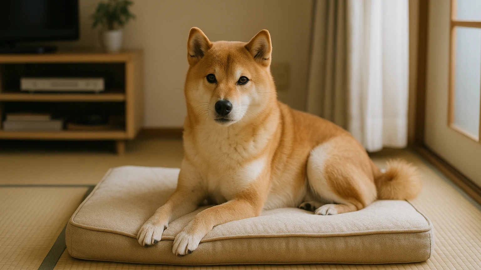 柴犬のベッドの夜泣き原因の基礎と活用ポイントに合わせたアイキャッチ。柴犬とベッド・マットの利用シーンを表現。 要点：柴犬がベッドで夜泣きする原因は「環境・体・心