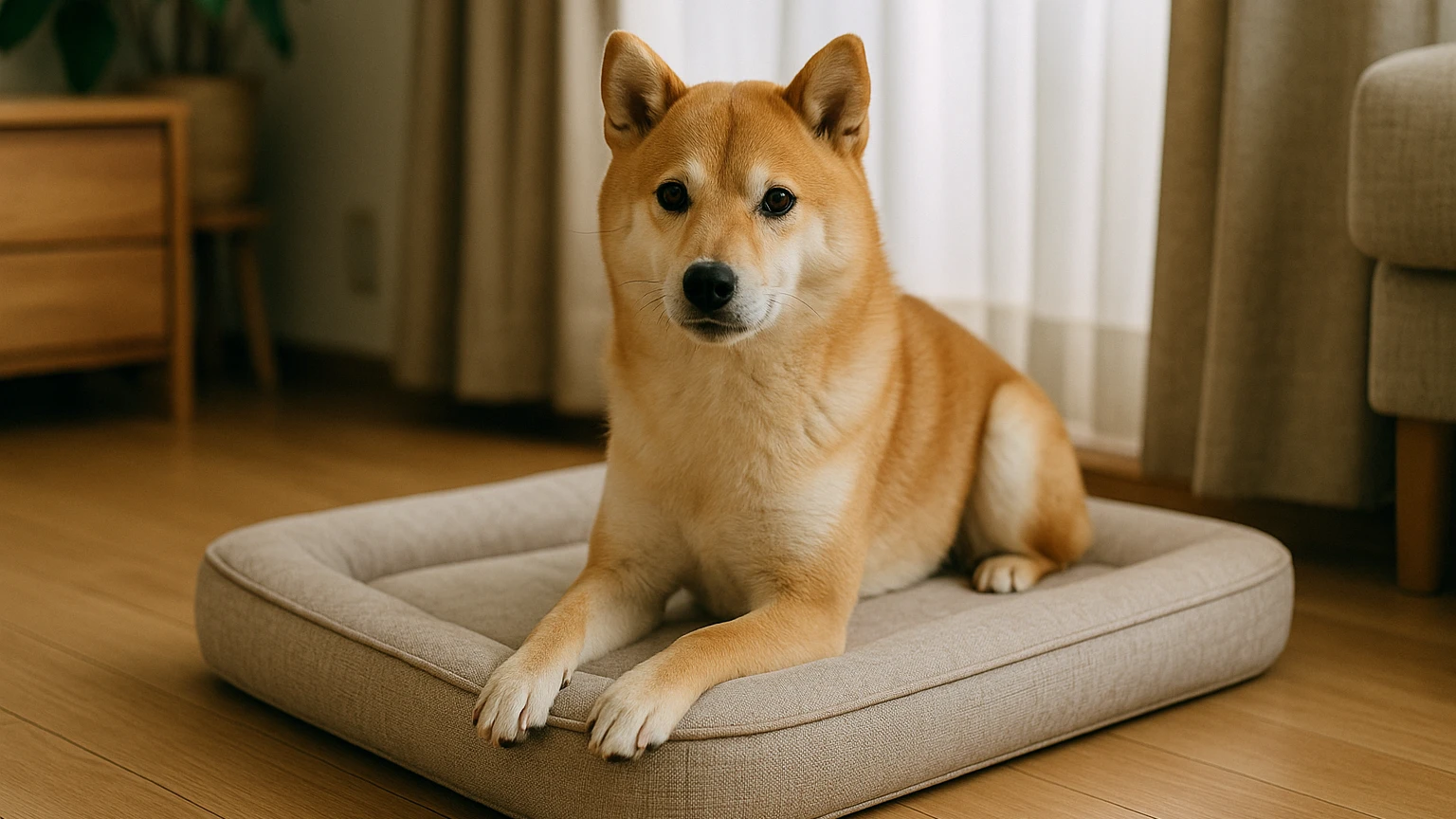 柴犬のベッドの涙やけ対策の基礎と活用ポイントに合わせたアイキャッチ。柴犬とベッド・マットの利用シーンを表現。 要点：柴犬のベッド選びは、涙やけの悪化を防ぐうえで