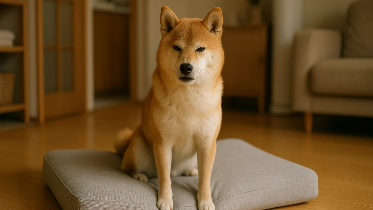 柴犬のベッドの咳原因の基礎と活用ポイントに合わせたアイキャッチ。柴犬とベッド・マットの利用シーンを表現。 要点：柴犬がベッドで咳をする原因は、ホコリやアレルギー