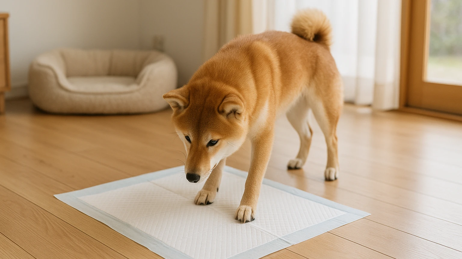 柴犬のベッドのトイレ失敗対策の基礎と活用ポイントに合わせたアイキャッチ。柴犬とトイレシートの利用シーンを表現。 要点：柴犬がベッドでトイレを失敗するのは「わざと