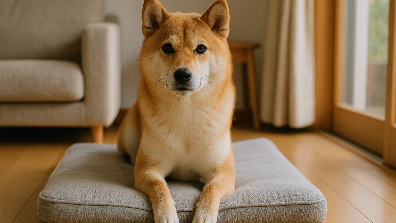 柴犬のベッドのマーキングおすすめの基礎と活用ポイントに合わせたアイキャッチ。柴犬とベッド・マットの利用シーンを表現。 要点：柴犬がベッドにマーキングするのは「困