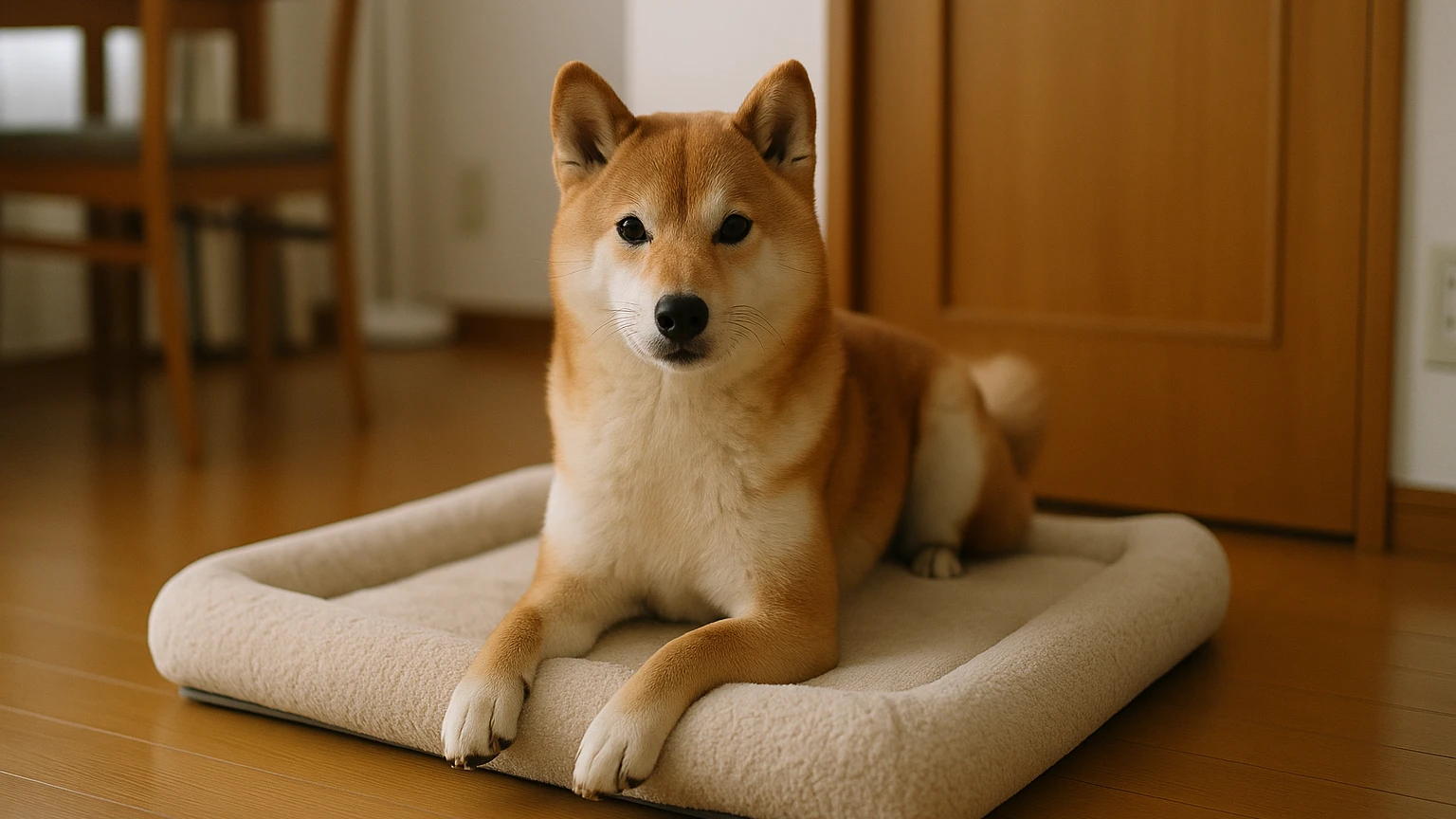 柴犬のベッドの便秘おすすめの基礎と活用ポイントに合わせたアイキャッチ。柴犬とベッド・マットの利用シーンを表現。 要点：柴犬の便秘対策として「ベッド」を見直すのは