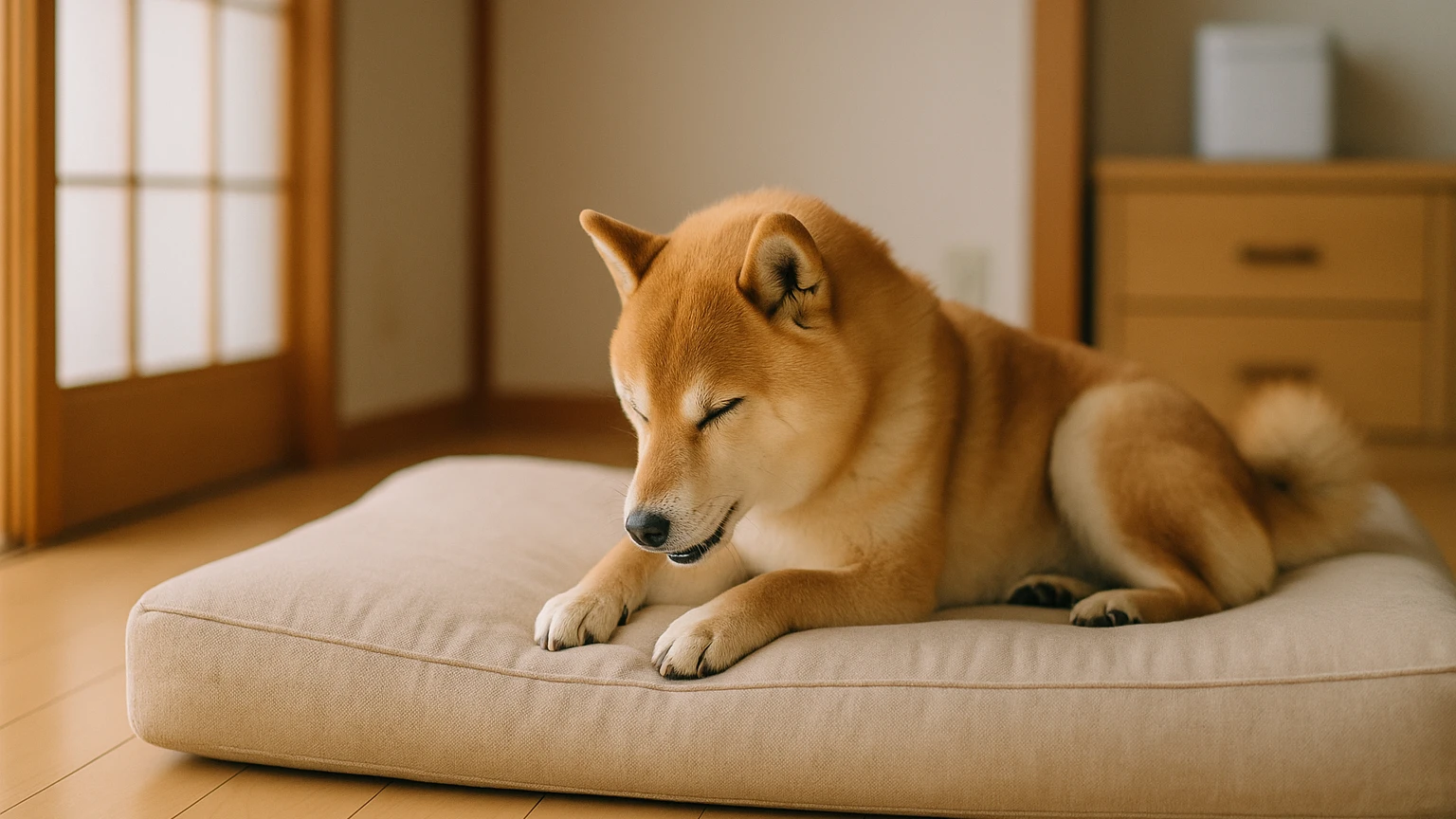 柴犬のベッドの咳対策の基礎と活用ポイントに合わせたアイキャッチ。柴犬とベッド・マットの利用シーンを表現。 要点：柴犬がベッドで咳をしているときは、寝具・環境・体