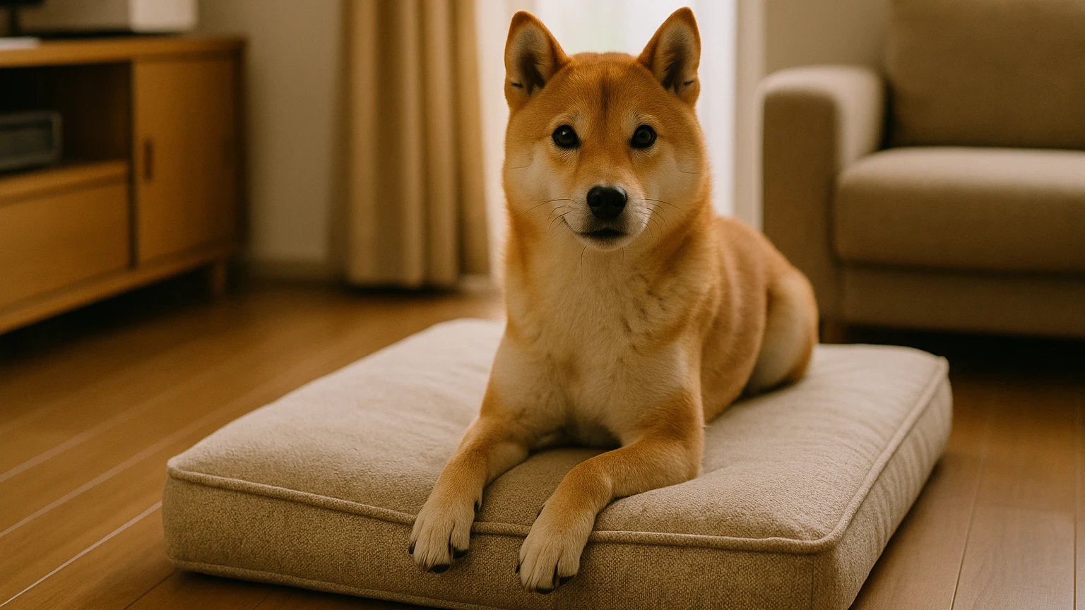 柴犬のベッドの定期購入対策の基礎と活用ポイントに合わせたアイキャッチ。柴犬とベッド・マットの利用シーンを表現。 要点：柴犬のベッドを定期購入する目的は「いつも快