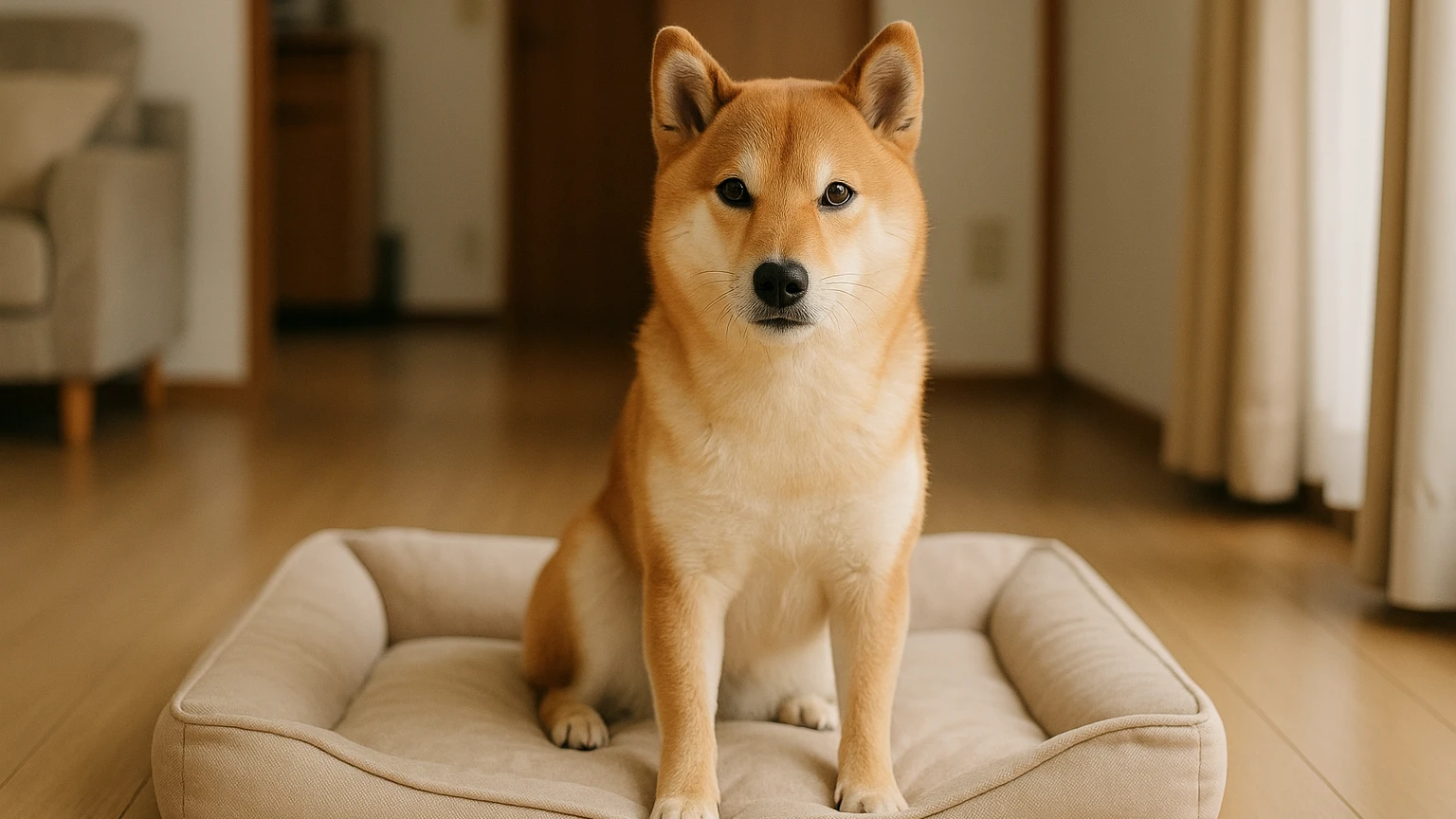 柴犬のベッドのマーキング原因の基礎と活用ポイントに合わせたアイキャッチ。柴犬とベッド・マットの利用シーンを表現。 要点：柴犬がベッドにマーキングするのは「トイレ