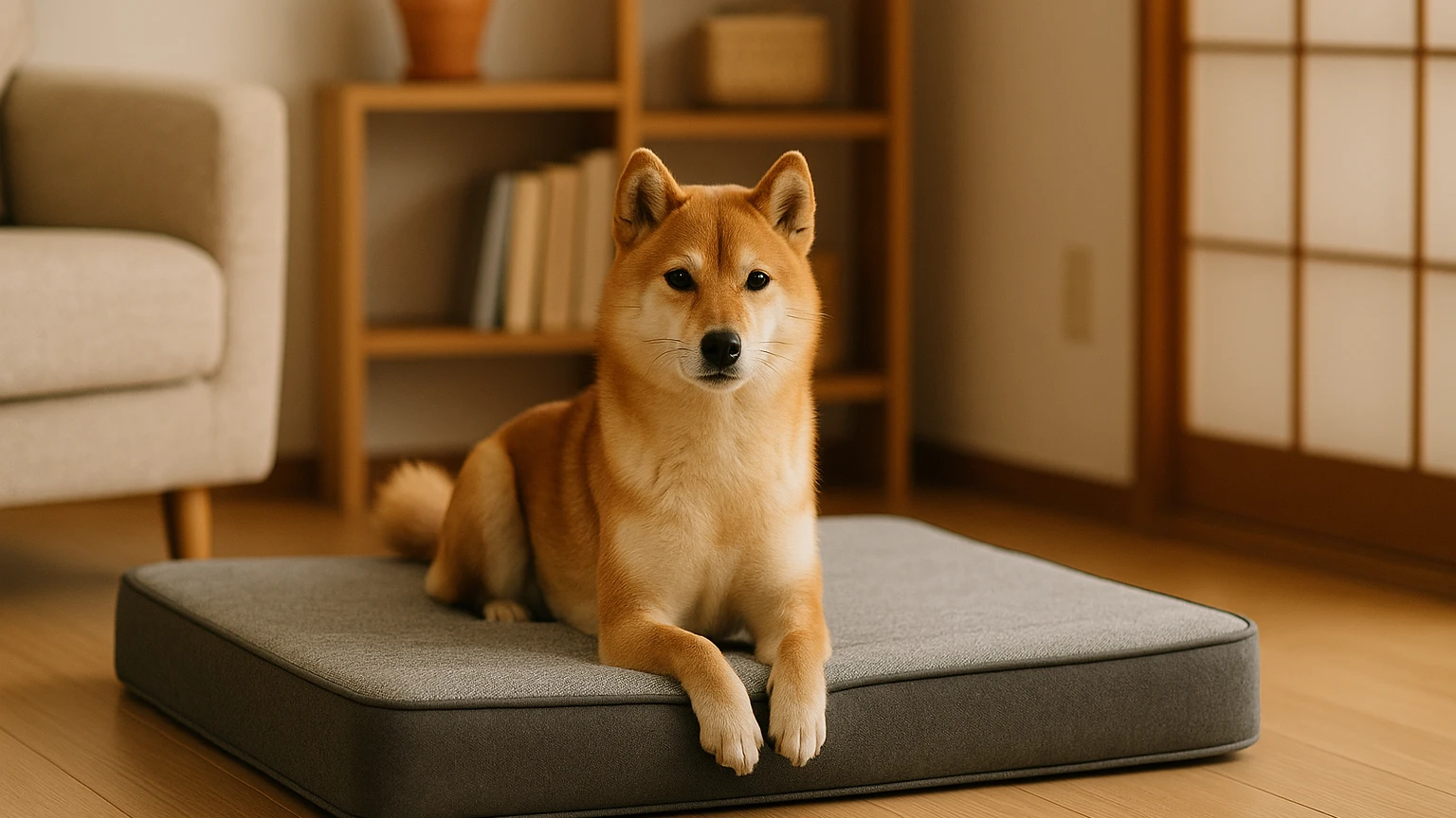 柴犬のベッドの関節痛おすすめの基礎と活用ポイントに合わせたアイキャッチ。柴犬とベッド・マットの利用シーンを表現。 要点：柴犬の関節痛対策ベッドは「サイズ・硬さ・