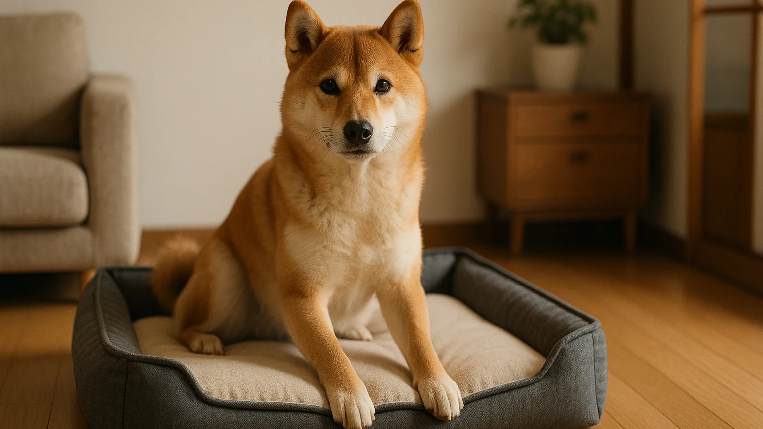 柴犬のベッドの公式おすすめの基礎と活用ポイントに合わせたアイキャッチ。柴犬とベッド・マットの利用シーンを表現。 要点：柴犬に合うベッド選びは「サイズ・形・素材・