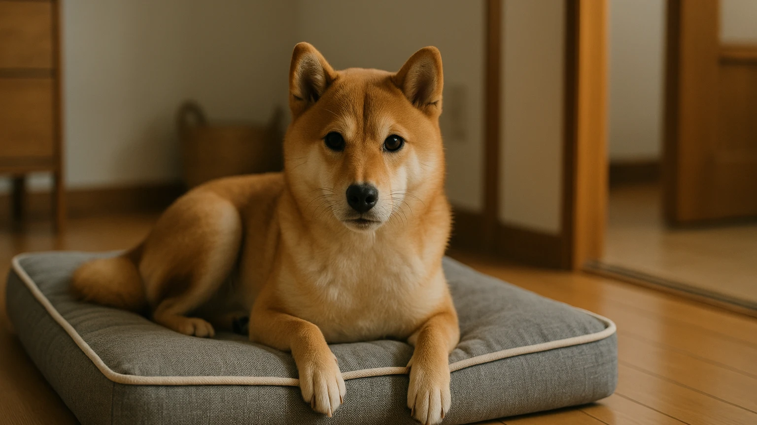 柴犬のベッドの夜泣き治し方の基礎と活用ポイントに合わせたアイキャッチ。柴犬とベッド・マットの利用シーンを表現。 要点：柴犬がベッドで夜泣きするのは「わがまま」よ