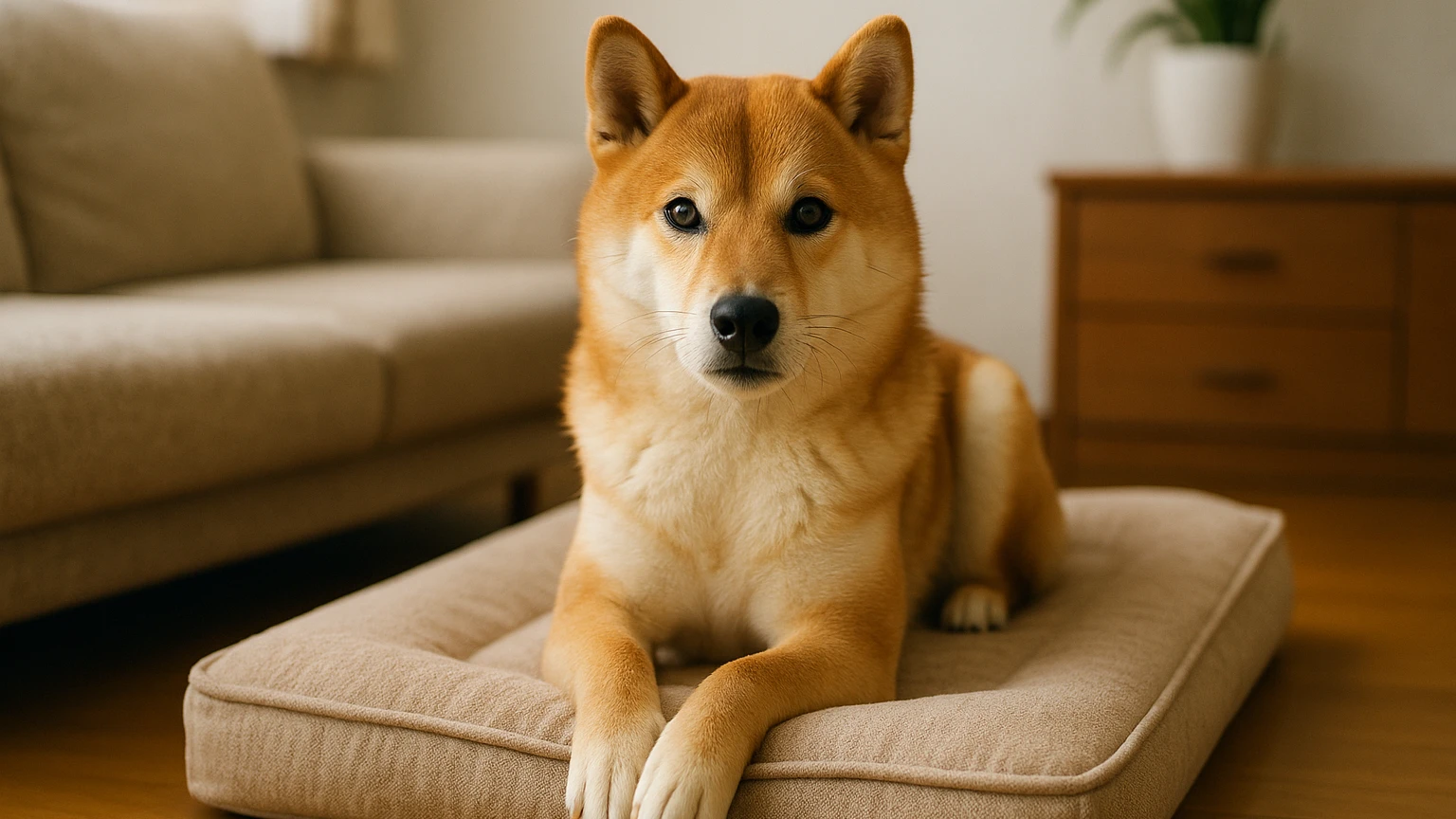 柴犬のベッドの夜泣き対策の基礎と活用ポイントに合わせたアイキャッチ。柴犬とベッド・マットの利用シーンを表現。 要点：柴犬がベッドで夜泣きするのは「わがまま」より