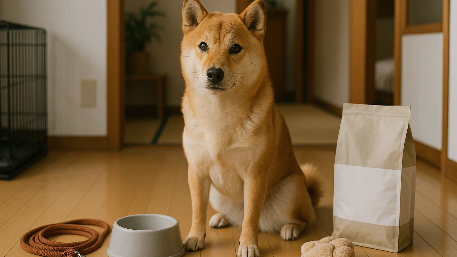 ペットの柴犬のしつけ方法の基礎と活用ポイントに合わせたアイキャッチ。柴犬とペット用品の利用シーンを表現。 要点：柴犬のしつけは「犬種の特徴を理解し、生活ルールを