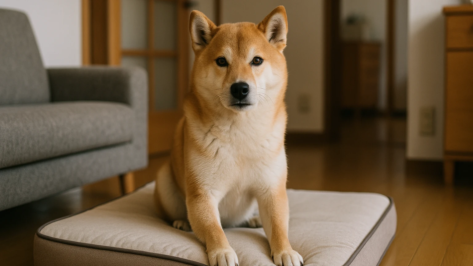 柴犬のベッドの便秘治し方の基礎と活用ポイントに合わせたアイキャッチ。柴犬とベッド・マットの利用シーンを表現。 要点：柴犬がベッドの上で踏ん張るのに時間がかかった