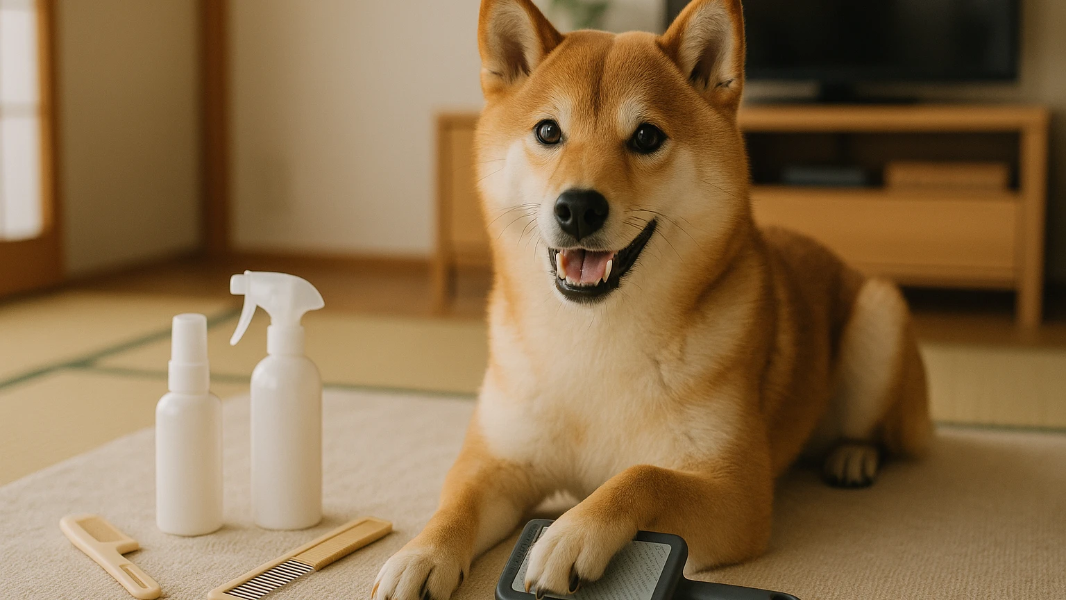 ジュエルのペットトリミング柴犬の基礎と活用ポイントに合わせたアイキャッチ。柴犬とお手入れ用品の利用シーンを表現。 要点：ジュエルのペットトリミングで柴犬を預ける