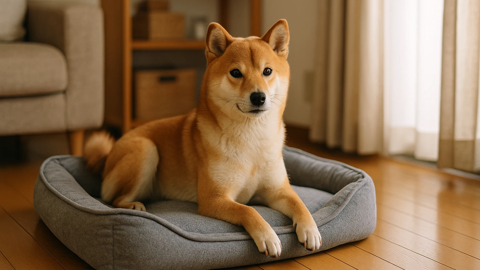 柴犬のベッドのコスパおすすめの基礎と活用ポイントに合わせたアイキャッチ。柴犬とベッド・マットの利用シーンを表現。 要点：柴犬のベッド選びは「サイズ・素材・洗いや