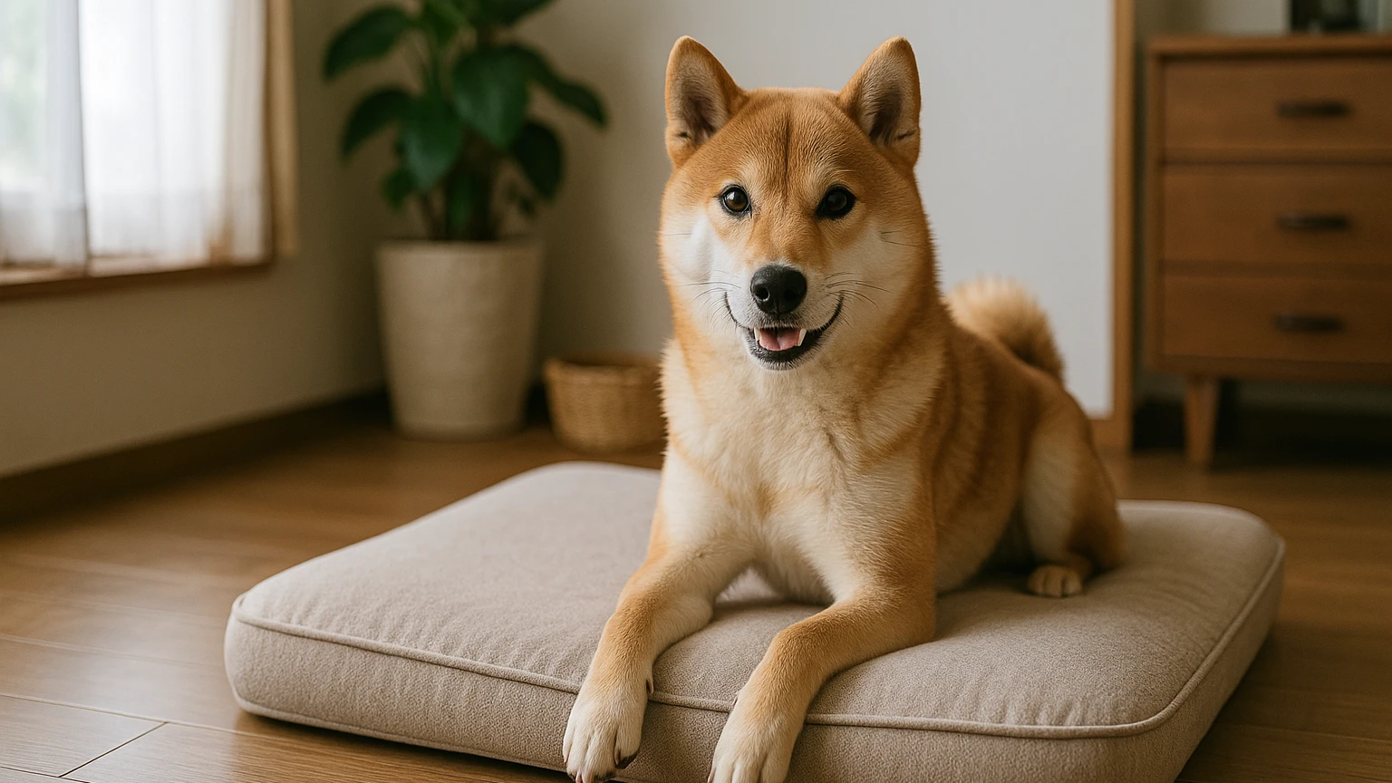 柴犬のベッドのマーキング治し方の基礎と活用ポイントに合わせたアイキャッチ。柴犬とベッド・マットの利用シーンを表現。 要点：柴犬がベッドにマーキングしてしまうのは