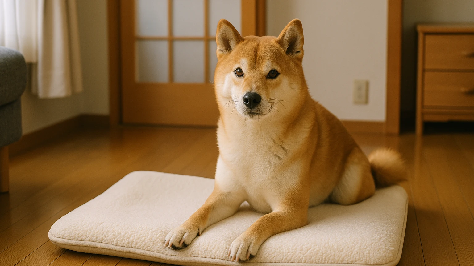 柴犬のベッドのマーキング対策の基礎と活用ポイントに合わせたアイキャッチ。柴犬とベッド・マットの利用シーンを表現。 要点：柴犬がベッドにマーキングするのは「悪さ」