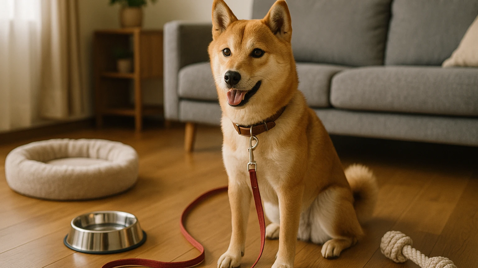 柴犬のしつけの方法初心者の基礎と活用ポイントに合わせたアイキャッチ。柴犬とペット用品の利用シーンを表現。 要点：柴犬のしつけは「ルールを教える」より「暮らし方を