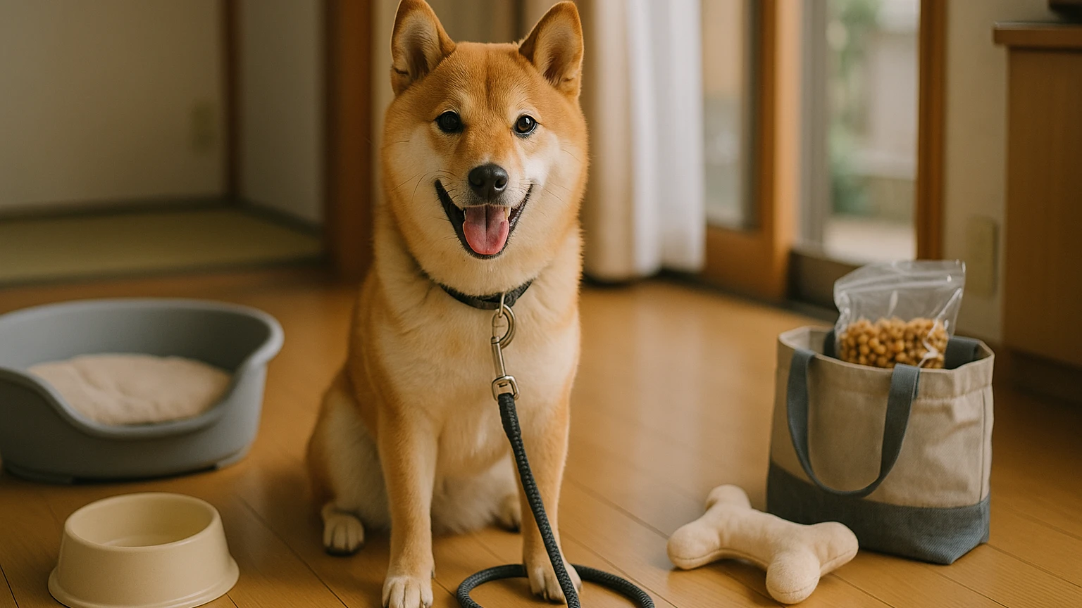 マルエスのペットショップ柴犬の基礎と活用ポイントに合わせたアイキャッチ。柴犬とペット用品の利用シーンを表現。 要点：マルエスのペットショップで柴犬を迎えるときは