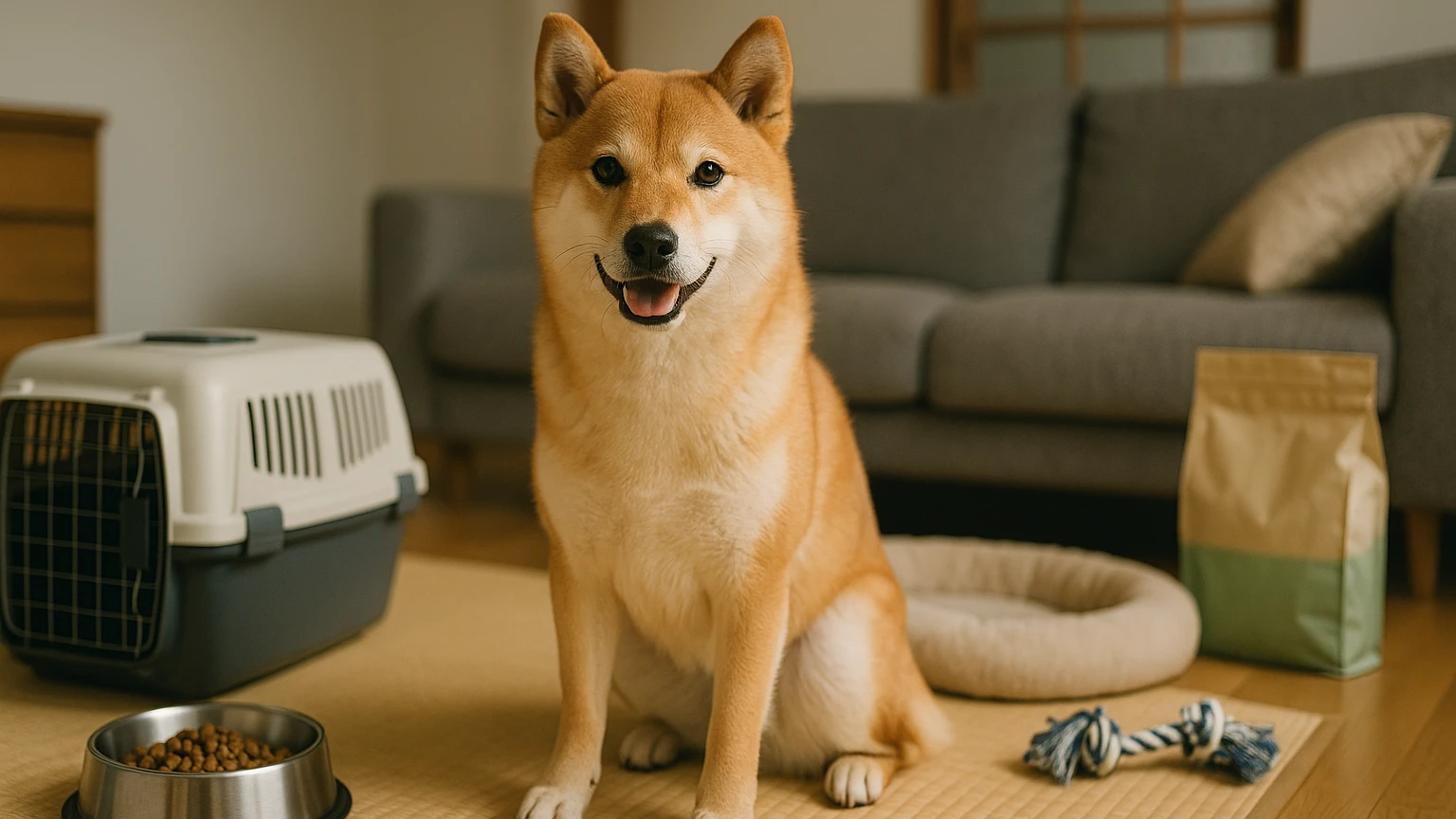 柴犬の飼い方注意点の基礎と活用ポイントに合わせたアイキャッチ。柴犬とペット用品の利用シーンを表現。 要点：柴犬の飼い方で大事なのは「健康・しつけ・安全」の3本柱