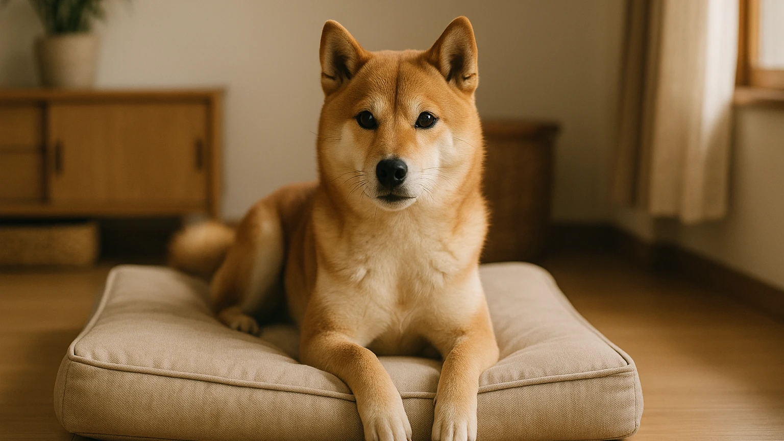 柴犬のベッドの公式対策の基礎と活用ポイントに合わせたアイキャッチ。柴犬とベッド・マットの利用シーンを表現。 要点：柴犬に合うベッド選びは「サイズ・素材・置き場所