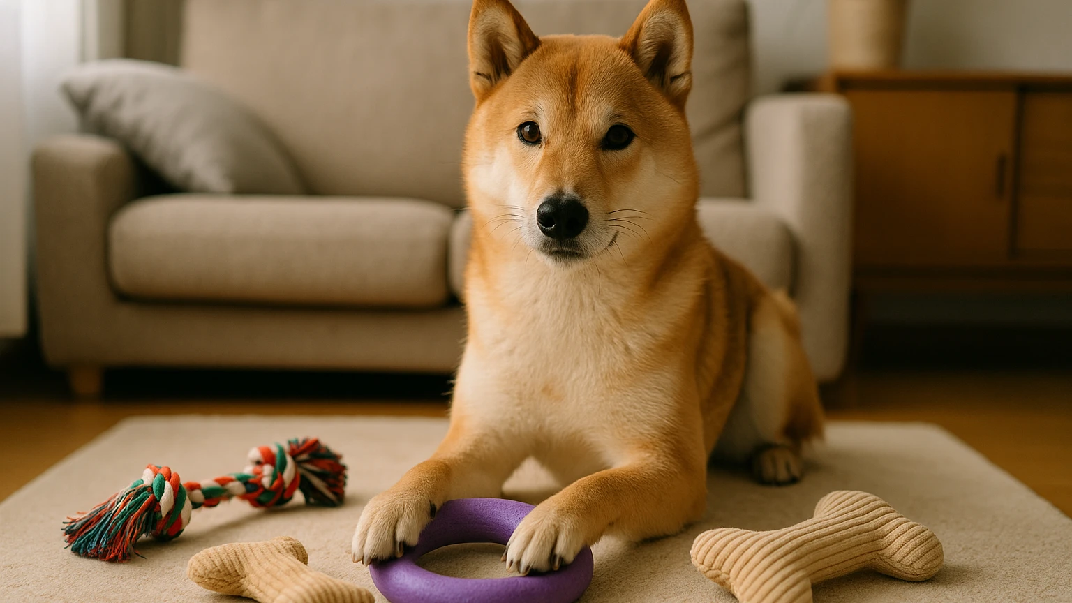 柴犬のおすすめおもちゃの基礎と活用ポイントに合わせたアイキャッチ。柴犬とおもちゃの利用シーンを表現。 要点：柴犬に合うおもちゃ選びは「安全・丈夫・飽きにくい」の