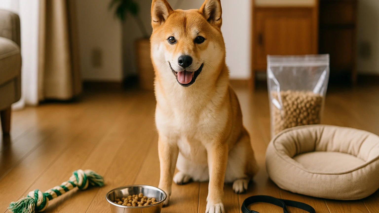 カインズのペットショップ柴犬の基礎と活用ポイントに合わせたアイキャッチ。柴犬とペット用品の利用シーンを表現。 要点：カインズのペットショップで柴犬を迎えるときは