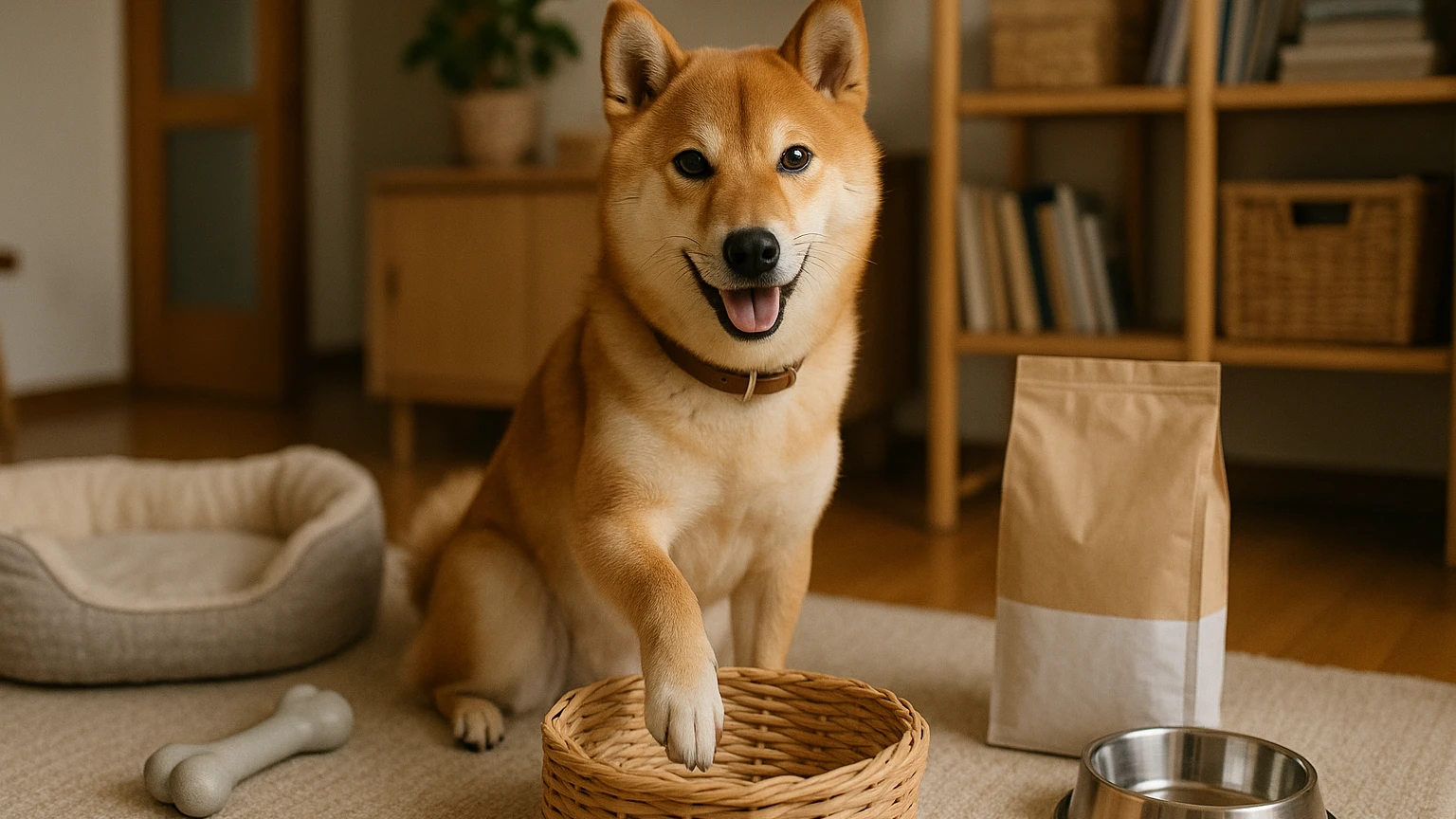 イオンのペットショップ柴犬の基礎と活用ポイントに合わせたアイキャッチ。柴犬とペット用品の利用シーンを表現。 要点：イオンのペットショップで柴犬を迎える流れと、知